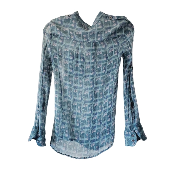 Mango Sheer Silk Shell Print Mermaid Core Y2k Button Up Blouse S - Picture 2 of 5